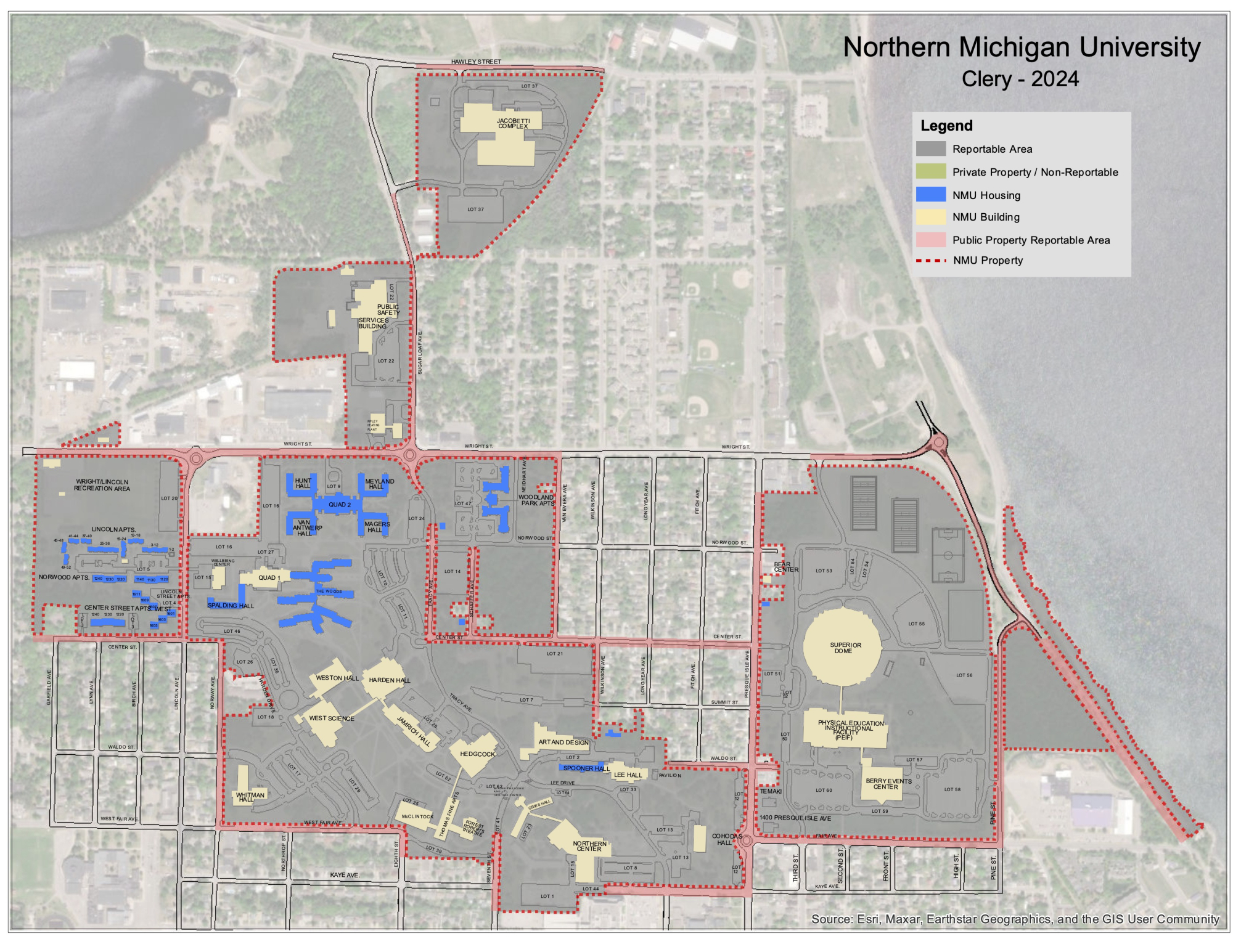 2024 NMU Clery map showing reportable areas, NMU property, campus buildings, housing and public property reportable areas.