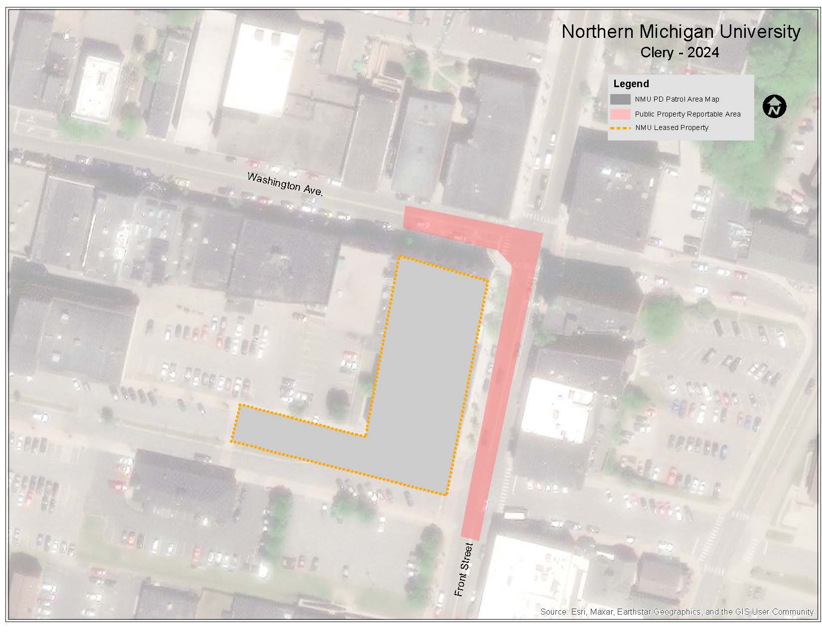 Map showing the NMU leased property and public property reportable area surrounding Invent@NMU near Washington Avenue and Front Street.