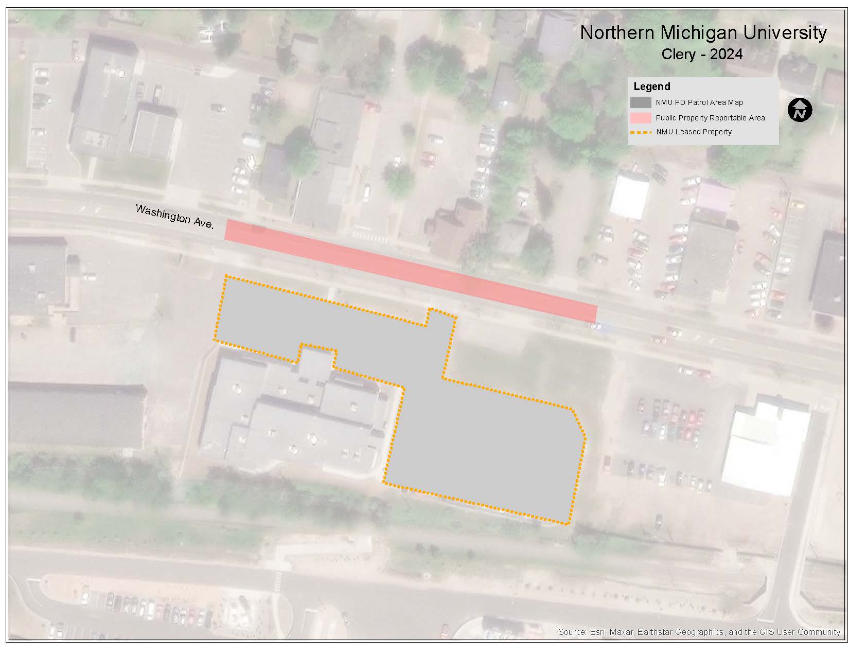 Map showing the NMU leased property and public property reportable area surrounding the School of Health and Human Performance Research Lab on Washington Avenue.