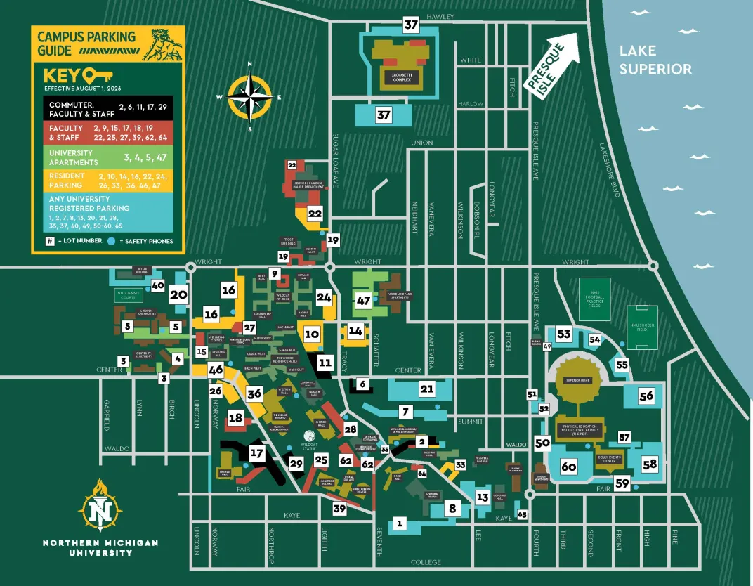 NMU Parking Map 2026-27. View the link titled accessible parking lot descriptions for information about NMU parking lots.