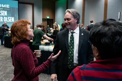 NMU President Chris Olsen speaking with NMU Faculty and Staff at a welcome reception.