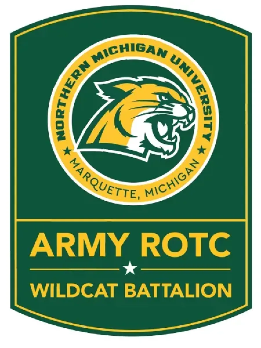Northern Michigan University Marquette Michigan in a circle. A Wildcat in the circle. Army ROTC Wildcat Battalion written underneath
