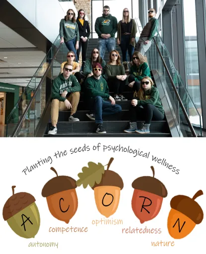 A group of 10 people wearing sunglasses and green attire pose confidently on stairs indoors. Below, acorns spell "ACORN" with words: autonomy, competence, optimism, relatedness, nature. Text: "Planting the seeds of psychological wellness."