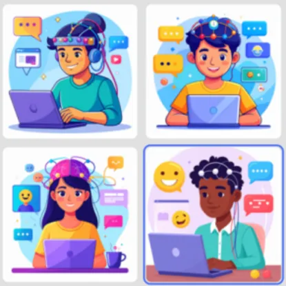Four colorful illustrations of students using laptops amid floating chat and social-media icons: a headphone-wearing boy, a smiling boy, a girl, and a boy with earbuds. Cheerful, tech-focused tone.