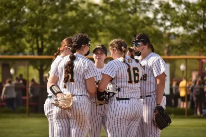Photo of Pitcher and player huddle on mound
