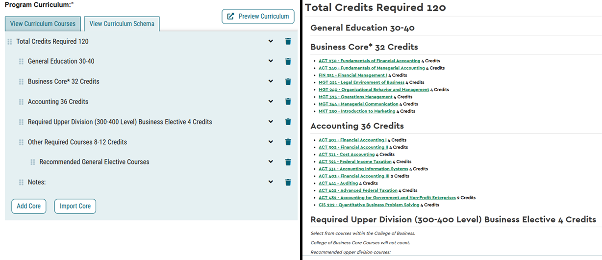 side by side screen shots of the accounting curriculog page and matching catalog page