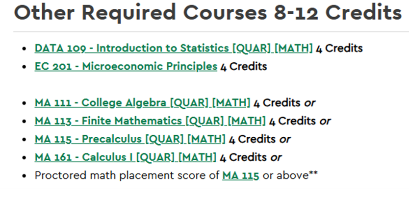 screenshot of "other required courses" for Business