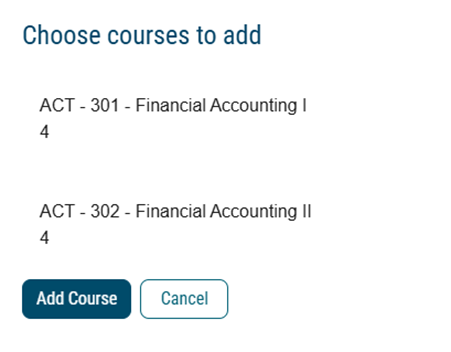 screenshot of the pop up window that shows courses that can be added