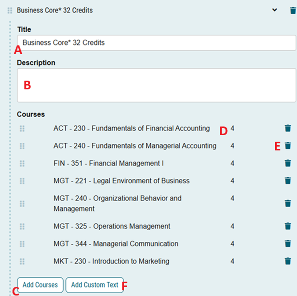 screenshot of the business core with letters to match the explination of the different core sections