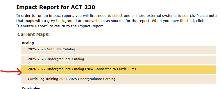 screenshot of the impact report, showing where to click for the item connected to curriculum