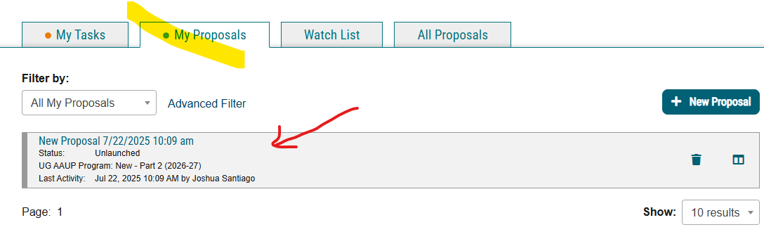 Screenshot of a save but not submitted proposal