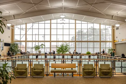Wall of windows inside the Hedgcock Building at NMU, where the Registrar’s Office is located.