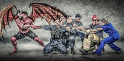 Painting depicting first responders being pulled between good and evil 