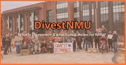Students in front of Jamrich at DivestNMU rally. 