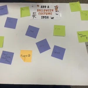 Photo of sticky notes with ideas for halloween costumes