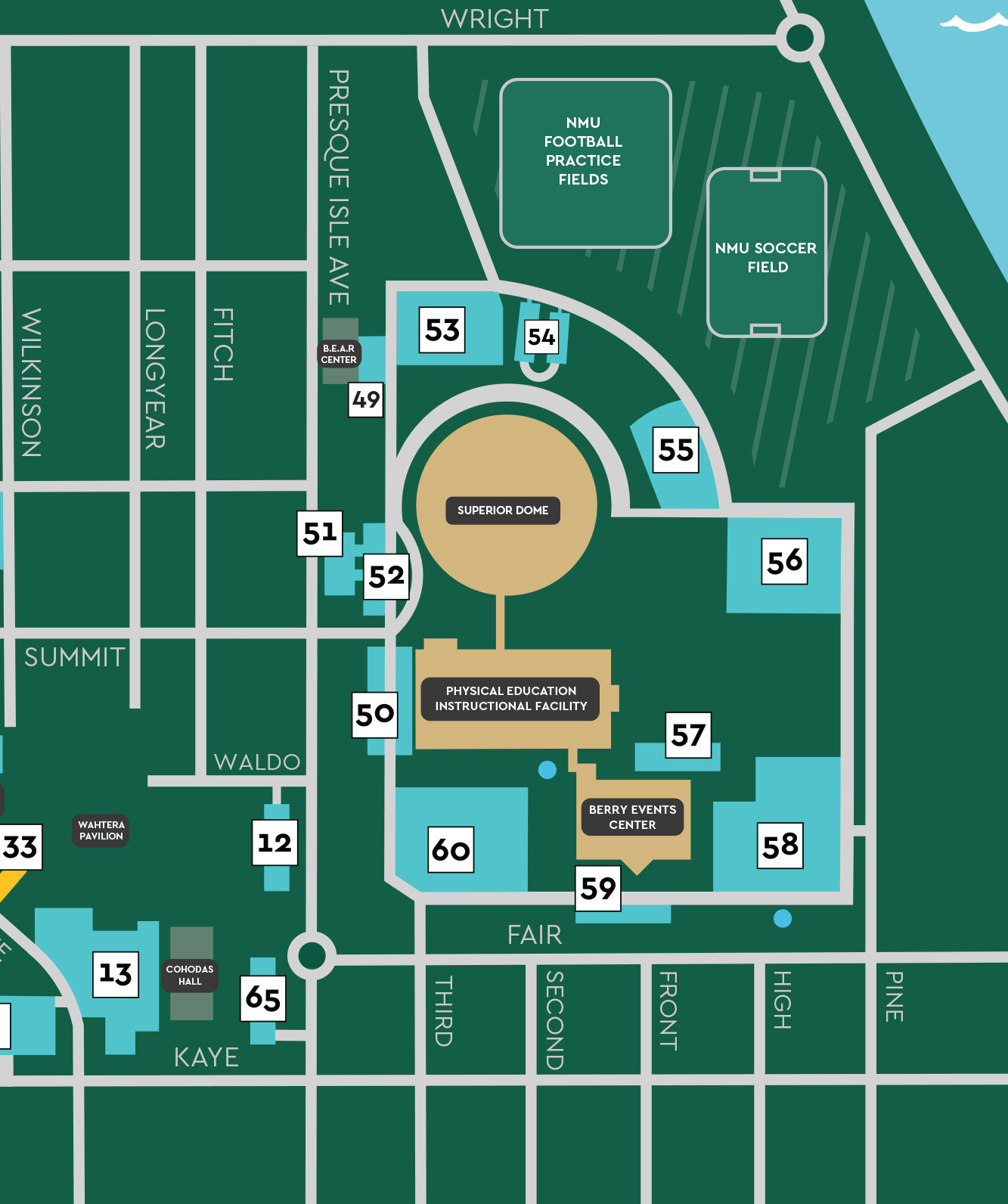 Map of a university campus highlighting various buildings: Superior Dome, Berry Events Center, and several instructional, sports, and parking facilities. Streets include Presque Isle Ave, Fair, and Kaye. Numbered locations and fields are marked throughout.