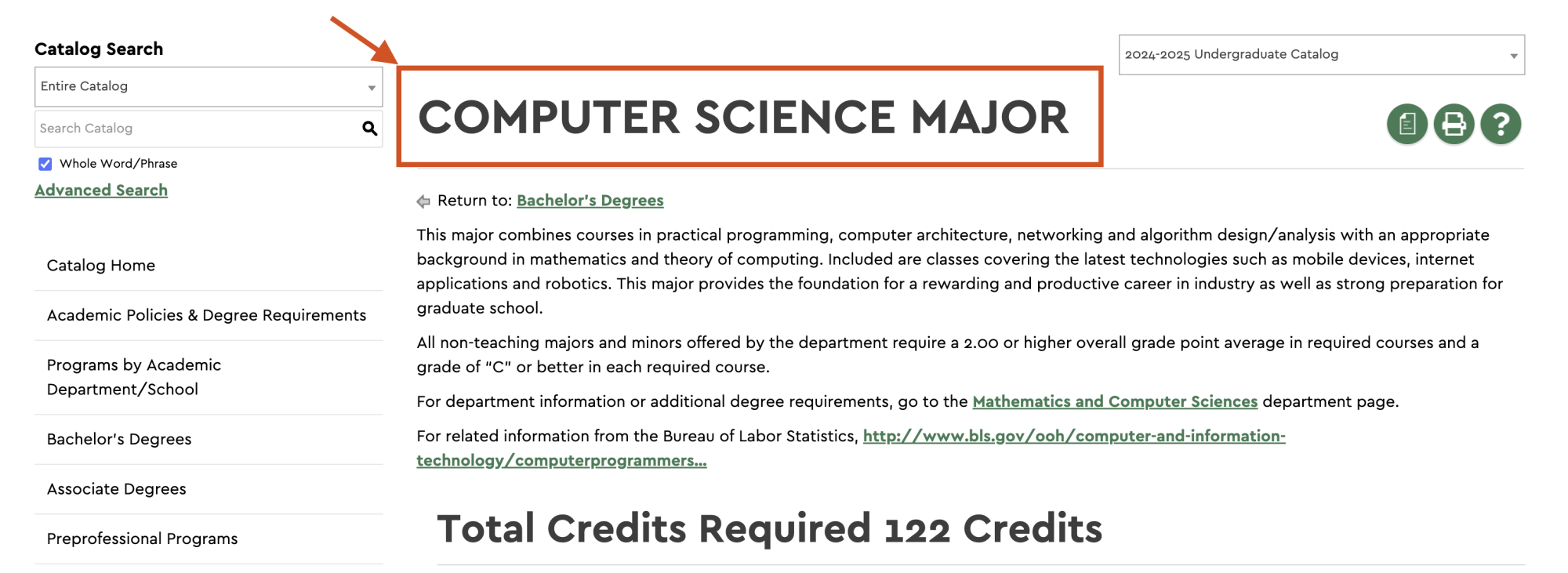 Screenshot of a catalog page showing the computer science major page with the page title outlined.