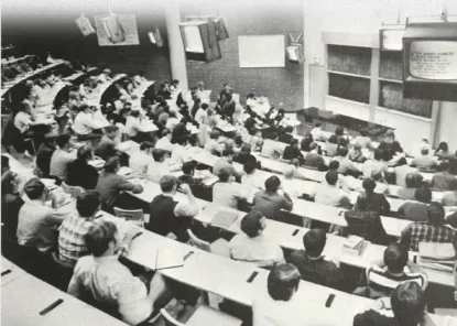 Black and white original photo of Jamrich Hall, 1970