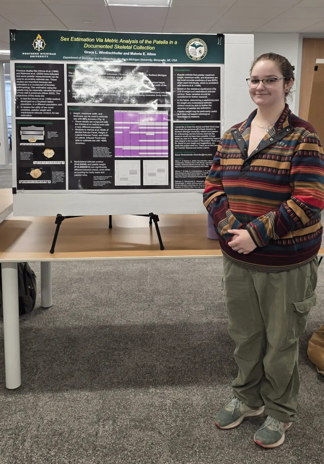 A female student standing next to a poster