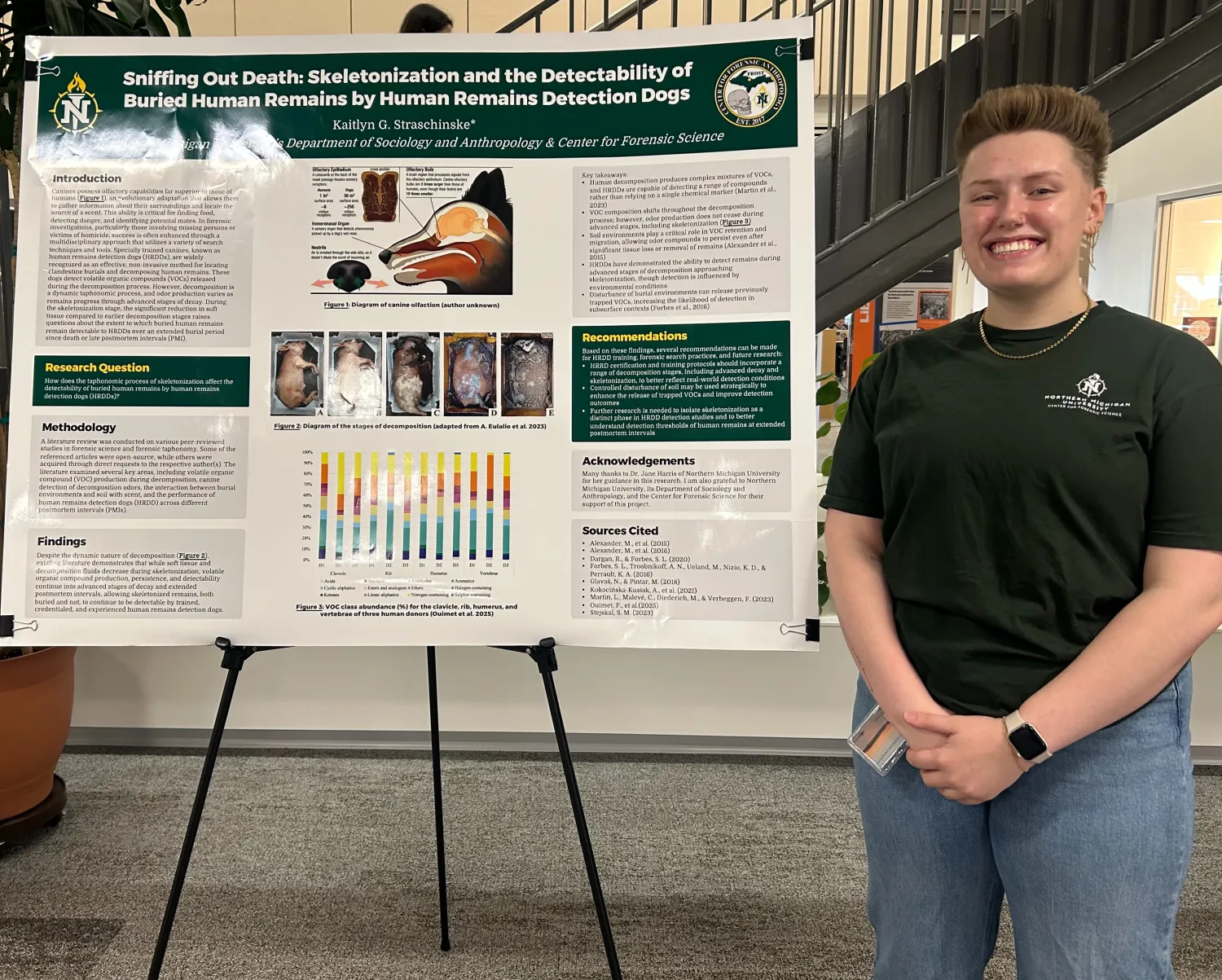 A female student standing next to a poster