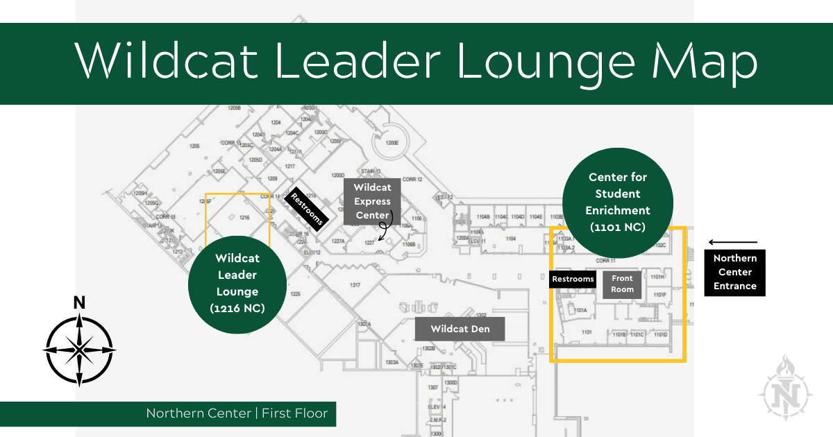map siplay where the leader lounge is located. first floor of northern center, past flagstar, past the wildcat den in 1216.