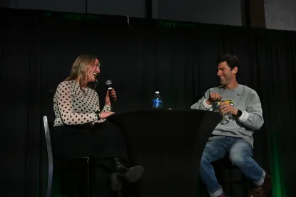 Madi Gillen hosting a moderated interview with Max Greenfield