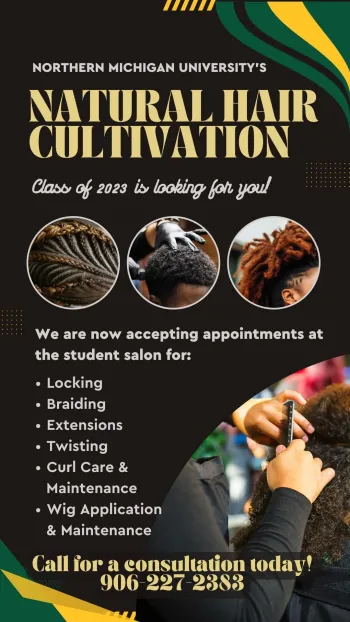 Flyer promoting natural hair care services at the student salon