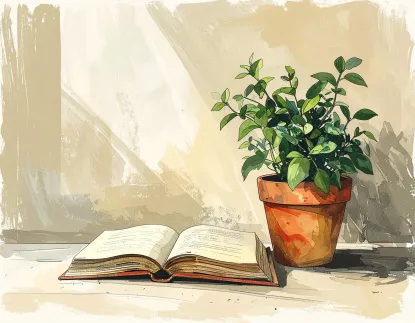 Open tan book to the left and a green potted plant to the right