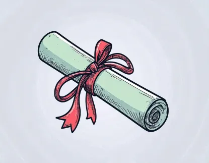 A sketch of a light green scroll with a red ribbon around it.
