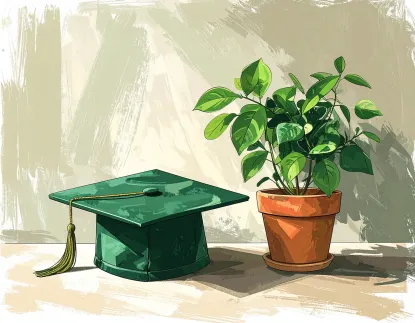 A green graduation cap to the left and a potted plant to the right. 