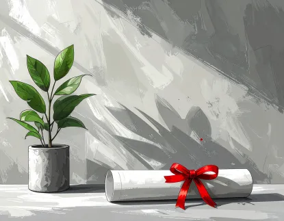 A potted plant the the left and a degree with a red ribbon to the right on a gray background.