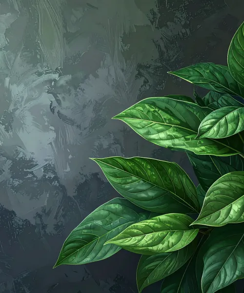 Dark green leaves and a gray background