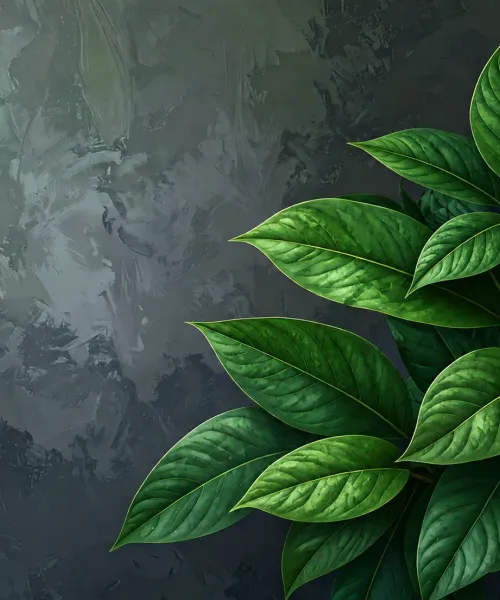 Dark green leaves in front of a gray background. 