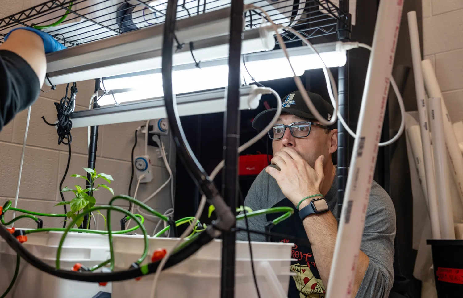 Student looks up at lighting over system
