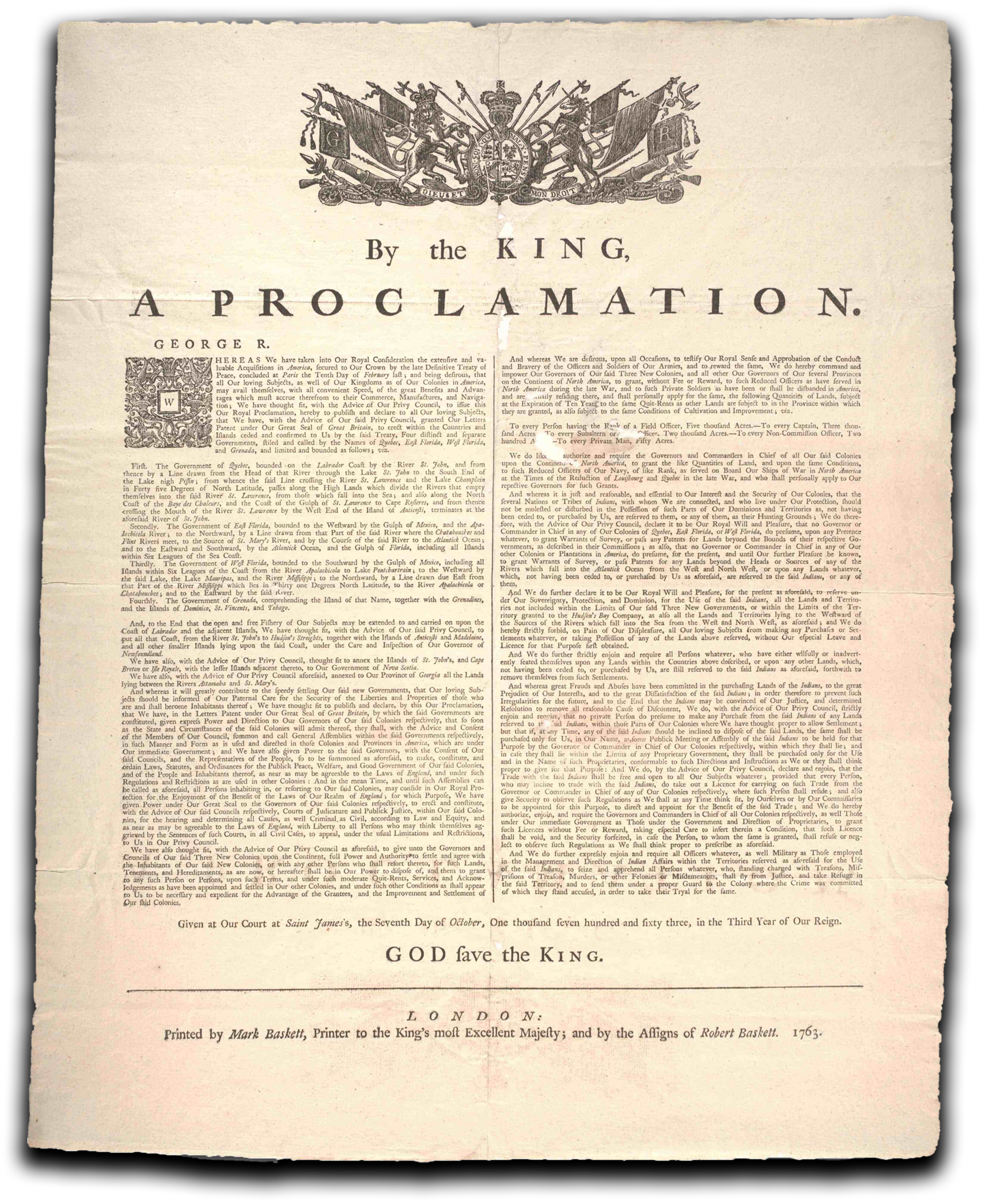 The Royal Proclamation of 1763 document- reads "By the KING, A PROCLAMATION"