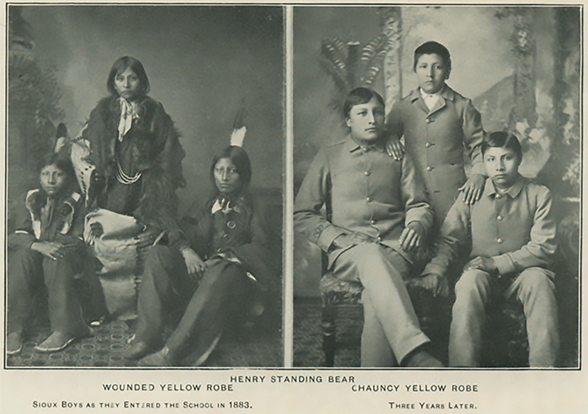 Henry Standing Bear; Wounded Yellow Robe; Chauncy Yellow Robe; Sioux boys as they entered the school in 1883 and three years later.