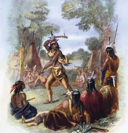 Chief Pontiac in 1763 taking up the war hatchet in French and Indian War