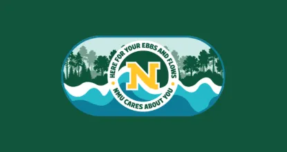 Northern Michigan University graphic featuring a circular “NMU CARES ABOUT YOU” logo centered over a stylized outdoor landscape. The logo includes the words “HERE FOR YOUR EBBS AND FLOWS,” a yellow-and-white NMU “N” over blue and teal waves, and yellow dots on either side. Behind the logo is an illustrated forest of layered green trees, while rolling blue and teal waves fill the lower portion of the image, reinforcing the theme of navigating life’s changing experiences.